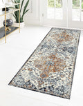 MICRODRY Runner Rug, Low-Profile Design for Sleek, Bulk-Free Look. Machine Washable, Stain-Resistant, Skid-Resistant Backing, Ideal for Bedroom Hallway, Kitchen, or Entryway, 2x7', Yasmin (Blue/Rust)