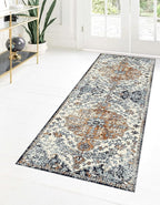 MICRODRY Runner Rug, Low-Profile Design for Sleek, Bulk-Free Look. Machine Washable, Stain-Resistant, Skid-Resistant Backing, Ideal for Bedroom Hallway, Kitchen, or Entryway, 2x7', Yasmin (Blue/Rust)