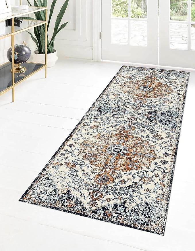 MICRODRY Runner Rug, Low-Profile Design for Sleek, Bulk-Free Look. Machine Washable, Stain-Resistant, Skid-Resistant Backing, Ideal for Bedroom Hallway, Kitchen, or Entryway, 2x7', Yasmin (Blue/Rust)