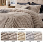 Bedsure Fluffy Duvet Cover Set - Ultra Soft Plush Shaggy Comforter Cover Queen Size, Warm Flannel Fleece Bed Sets for Winter, 3 Pieces (Striped Pattern, Khaki)