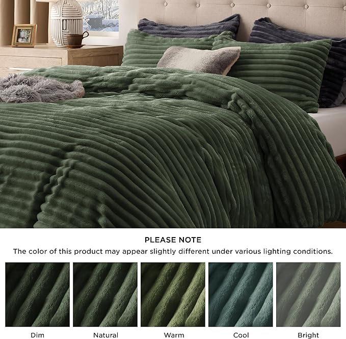 Bedsure Fluffy Duvet Cover Set - Ultra Soft Plush Shaggy Comforter Cover Queen Size, Warm Flannel Fleece Bed Sets for Winter, 3 Pieces (Striped Pattern, Green)