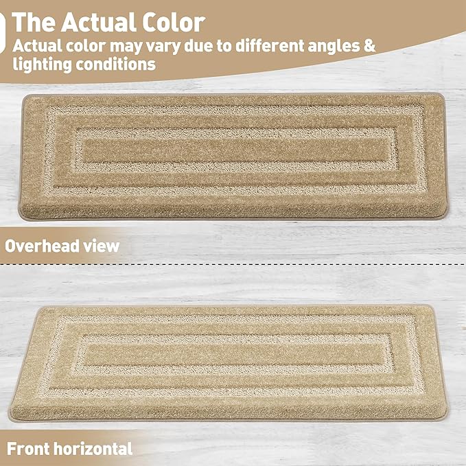 PURE ERA Bullnose Carpet Stair Treads Set Tape Free Non-Slip Indoor Stair Protectors Pet Friendly Rugs 9.5" x 30"(7 Pieces,Khaki Rectangular)