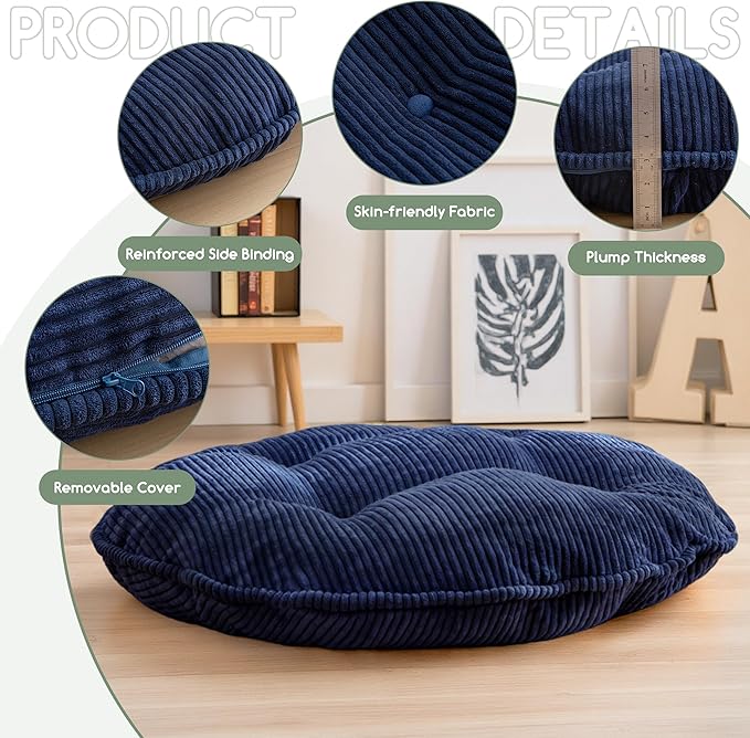 35" Washable Floor Pillow Cushion for Adults, Meditation Cushion Pillow, Extra Large Round Floor Sitting, Removable Tufted Corduroy Cover, for Tatami Living Room or Yoga, Navy, Machine Washable