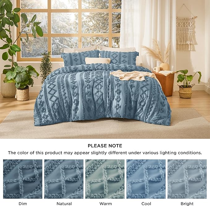 Bedsure Tufted Boho Comforter Set Queen Size - Dusty Blue Boho Bed Set, GentleSoft™ 3 Pieces Farmhouse Shabby Chic Embroidery Bedding, Gifts for Woman, Soft Jacquard Queen Comforter for All Seasons