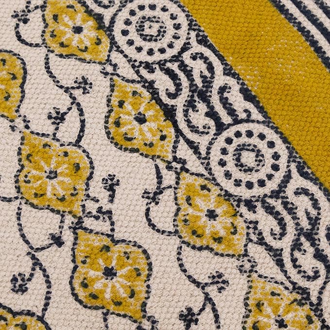 Area Rugs for 4x6 Bedroom Kilim Rug Floral Design Hand Block Printed Cotton Dhurrie Yellow Beige Handmade Boho Flatweave Thick 0.27" Indoor Outdoor Rugs for Living Room Hall Room Idea