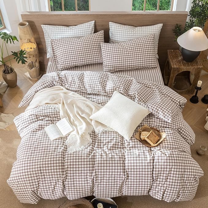 MooMee Gingham Duvet Cover Set 100% Washed Cotton Linen Like Textured Breathable Durable Soft Comfy Modern Checkered Design (Brown Gingham, King 104"x90")