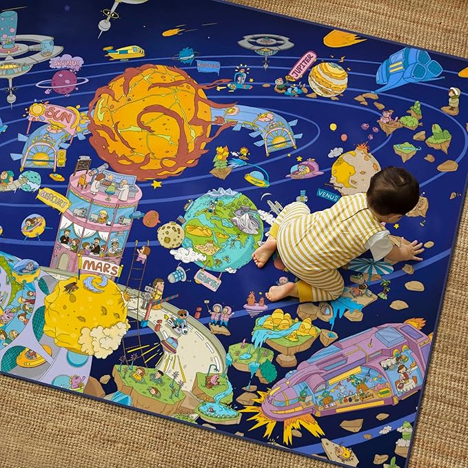 Galaxy 8x10 Educational Kids Rug for Classroom – Interactive Solar System Design with Planets, Spaceships, Astronauts & Fun Characters – Perfect for STEM Learning & Creative Play Spaces