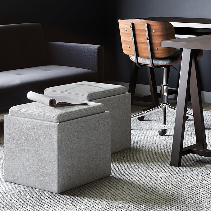 SIMPLIHOME Rockwood Cube Storage Ottoman with Tray - 17 inch Wide Upholstered Linen Look Fabric Square Storage Ottoman in Cloud Grey, Contemporary Cube Ottoman for Living Room with Serving Tray