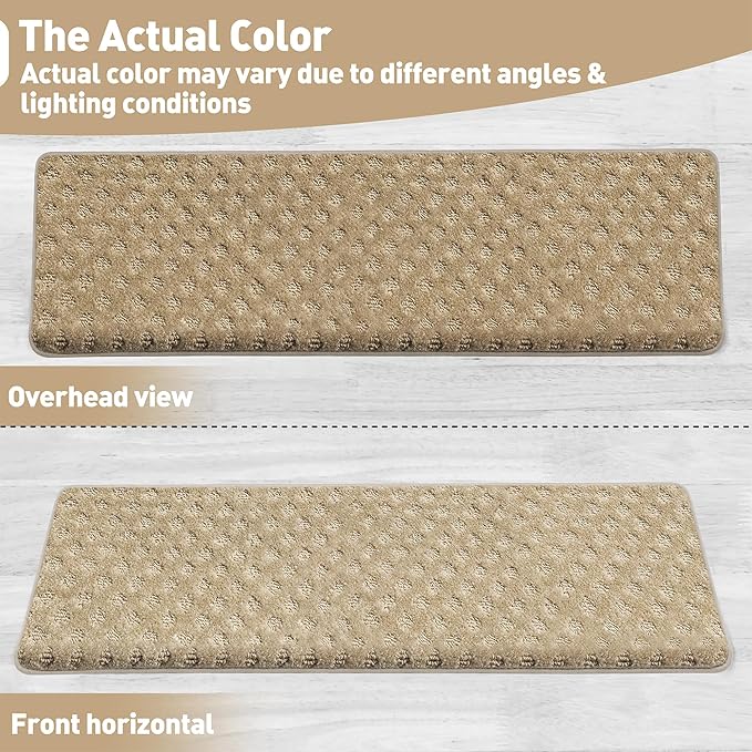 PURE ERA Bullnose Carpet Stair Treads Set Tape Free Non-Slip Indoor Stair Protectors Pet Friendly Rugs 9.5" x 30"(14 Pieces,Khaki Mini-Diamond Trellis)