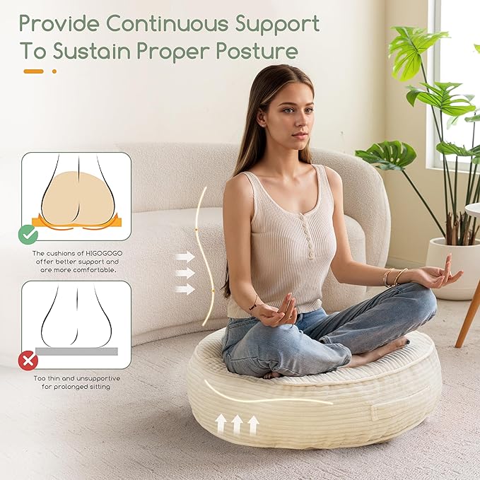 6" Washable Floor Pillow Cushion for Adults, Meditation Cushion Pillow, Large Round Floor Sitting, Removable Tufted Corduroy Cover, for Tatami Living Room or Yoga, 22x22 Inch, Machine Washable