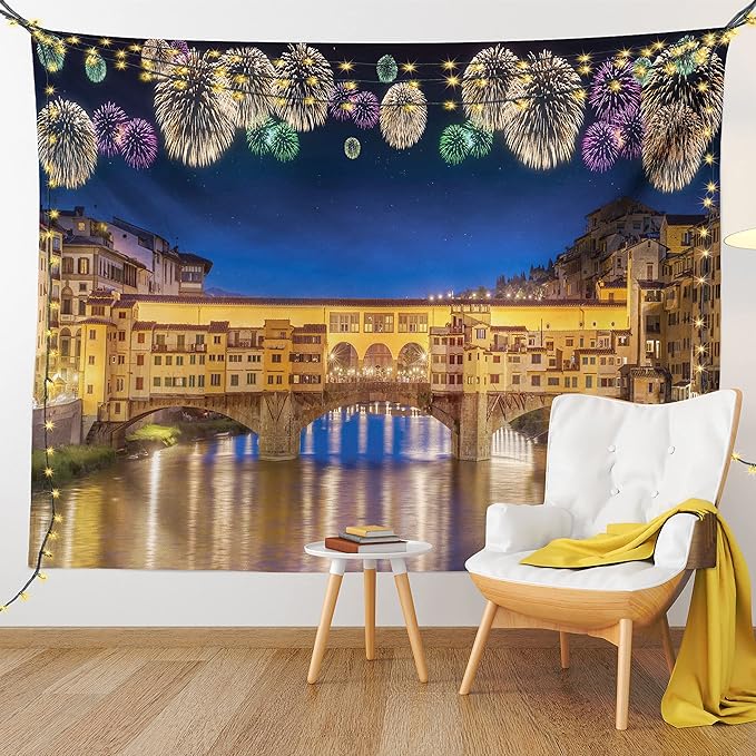 Ambesonne Landscape Tapestry Queen Size, Night Panoramic View Vecchio Bridge Florence Italy Colorful Fireworks, Wall Hanging Bedspread Bed Cover Wall Decor, 88" X 88", Purple Yellow