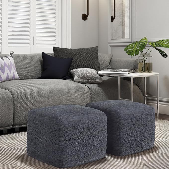 SIMPLIHOME Fredrik Square Pouf - 18 inch Wide Genuine Woven Leather Ottoman in Dark Blue, Boho-Style Footstool or Extra Seating for Living Room or Bedroom with Polystyrene Bead Filling, Assembled