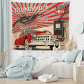 Ambesonne Cars Tapestry, Poster Style Image Gasoline Station Commercial Element Route 66 IllustrationPrint, Fabric Wall Hanging Decor for Bedroom Living Room Dorm, 45" X 30", Vermilion Beige