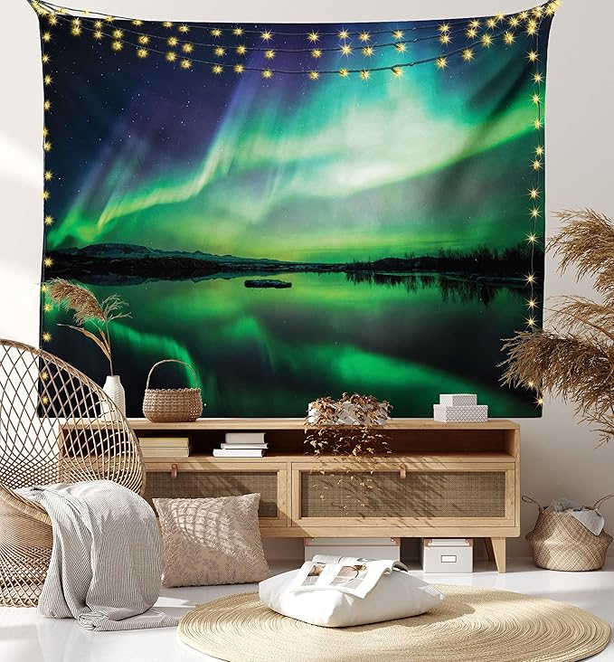 Ambesonne Iceland Tapestry King Size, Aurora Borealis View over Lake Thingvellir National Park Nature Print, Wall Hanging Bedspread Bed Cover Wall Decor, 104" X 88", Sea Green and Night Blue