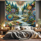 Ambesonne Trippy Tapestry King Size, Scenic Waterfall with Wonderland Woods and Psychedelic Mandala Flowers, Wall Hanging Bedspread Bed Cover Wall Decor, 104" X 88", Olive Green Multicolor