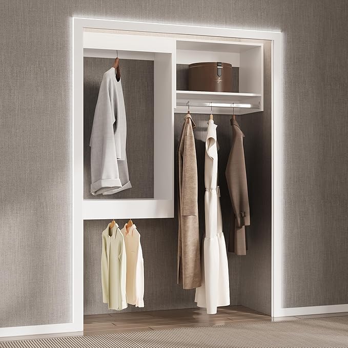 Modular Closet System, 43" Wide Closet Organizer System with Hanging, Wood Tower Closet Storage for Walk In Closets, Wall Mounted Wardrobe Organizer Kit System, Bedroom, White