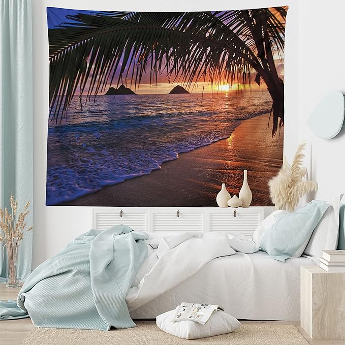 Ambesonne Hawaiian Tapestry King Size, Pacific Sunrise at Lanikai Beach Hawaii Sandy Tropics Hills Leaves Landmark, Wall Hanging Bedspread Bed Cover Wall Decor, King Size, Umber Purple