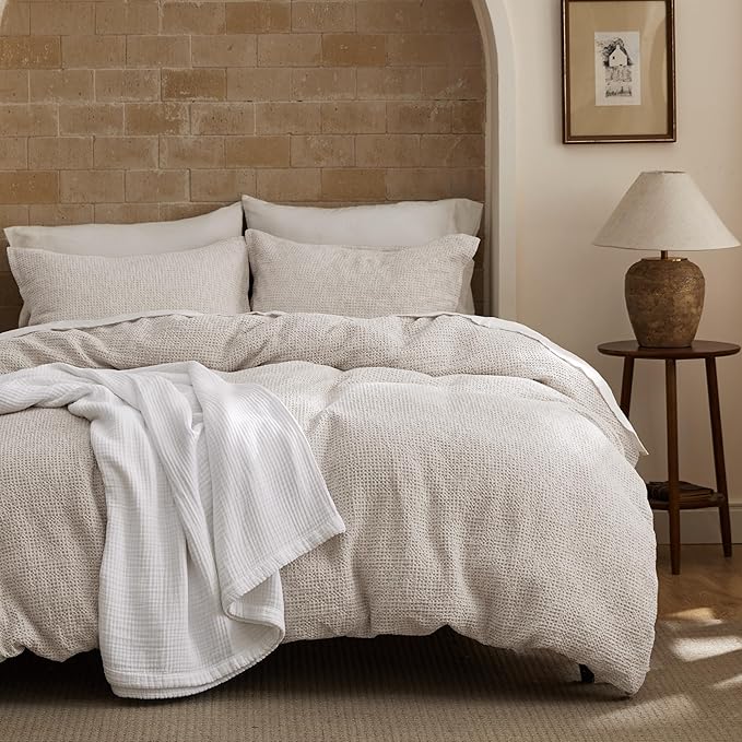 Bedsure Waffle Duvet Cover Queen - Pure Cotton Duvet Cover Linen Color, Space-Dyed for Enhanced Bedroom Aesthetics, GentleSoft™ and Stylish All-Season, 3-Piece Bedding Set with Button Closure, 90"x90"