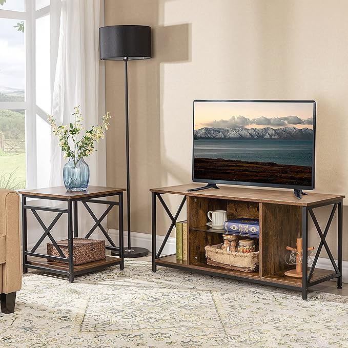 Industrial End Table with 2-Tier Storage Shelf, 18'' Square Side Table with X-Design Metal Frame, Rustic Brown Nightstand Bedside for Living Room Bedroom