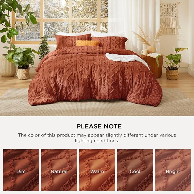 Bedsure Tufted Boho Comforter Set Full Size - Terracotta Boho Bed Set, GentleSoft™ 3 Pieces Farmhouse Shabby Chic Embroidery Bedding, Gifts for Woman, Soft Jacquard Full Comforter for All Seasons