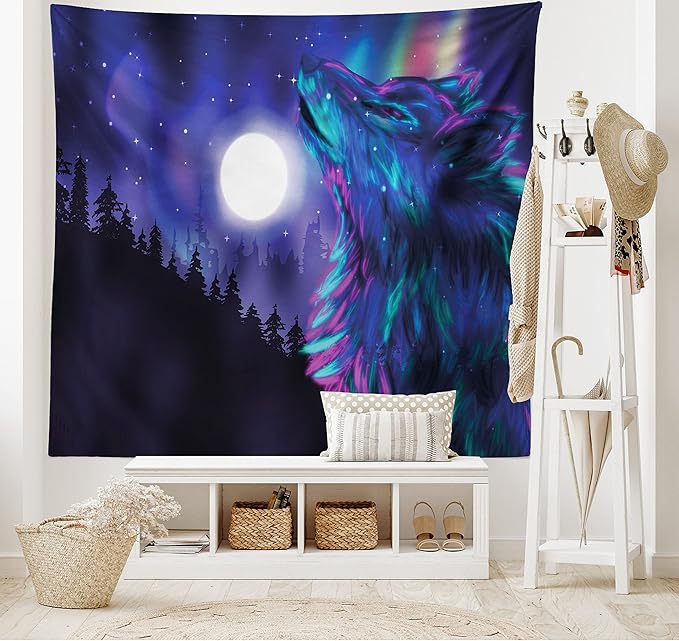 Ambesonne Moon Tapestry King Size, Northern Imagery Aurora Borealis Wolf Forest Starry Night, Wall Hanging Bedspread Bed Cover Wall Decor, 104" X 88", Magenta Indigo