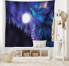 Ambesonne Moon Tapestry King Size, Northern Imagery Aurora Borealis Wolf Forest Starry Night, Wall Hanging Bedspread Bed Cover Wall Decor, 104" X 88", Magenta Indigo