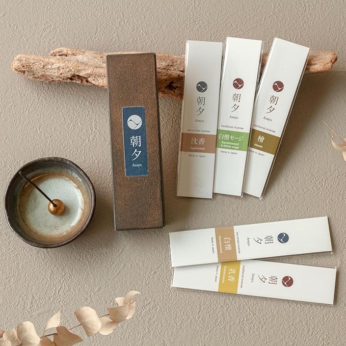 Asayu Japan Incense Gift Set - Natural Scent Collection - Ceramic Holder + 5 Authentic Japanese Incense Sticks (20g Each) - Made in Japan - for Yoga, Meditation & Relaxation