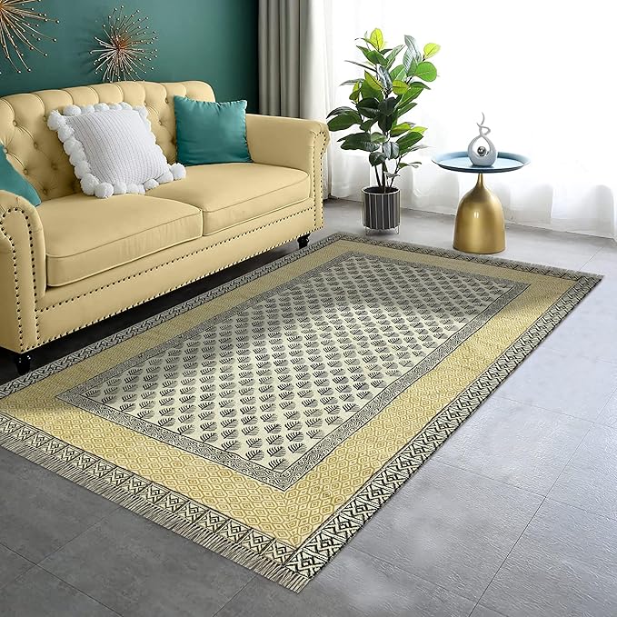 Kilim Rug 7x10 Area Rug Beige & Black Cotton Dhurrie Oriental Thick 0.19 inches Stone Easy Washable Rug Hand Wash Cotton Carpet Flatweave Rug Indoor Outdoor Rugs for Living Room, Bedroom
