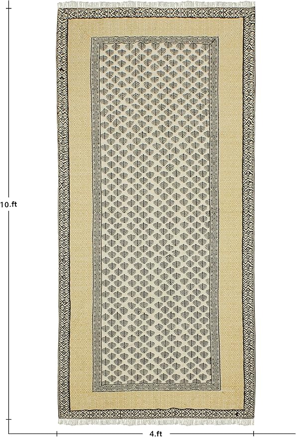 Kilim Runner 4x12 Cotton Runner Rug Beige & Black Flatweave Runner 0.19 inches Stone Easy Washable Hand Wash Cotton Carpet Indoor Outdoor Runner Rugs for Hallway, Staircases, Corridor Runner