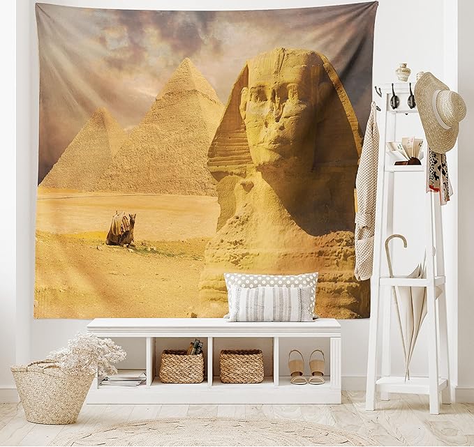Ambesonne Egyptian Print Tapestry King Size, Sphinx Face Other Pyramids in Egypt Old Historical Monument, Wall Hanging Bedspread Bed Cover Wall Decor, 104" X 88", Amber Sand Brown