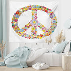 Ambesonne Groovy Tapestry King Size, Floral Peace Sign Summer Spring Blooms Love Happiness Themed Illustration Print, Wall Hanging Bedspread Bed Cover Wall Decor, 104" X 88", Red White