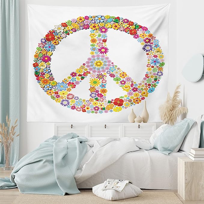 Ambesonne Groovy Tapestry King Size, Floral Peace Sign Summer Spring Blooms Love Happiness Themed Illustration Print, Wall Hanging Bedspread Bed Cover Wall Decor, 104" X 88", Red White