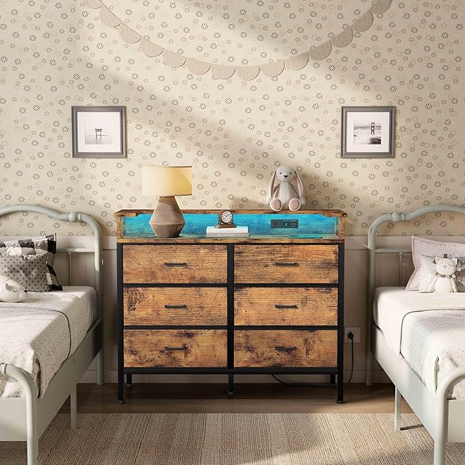 BOLUO Brown Dresser with LED Light and Charging Station for Bedroom 6 Drawer Dresser with USB Outlet, Fabric Dressers & Chests of Drawers Modern