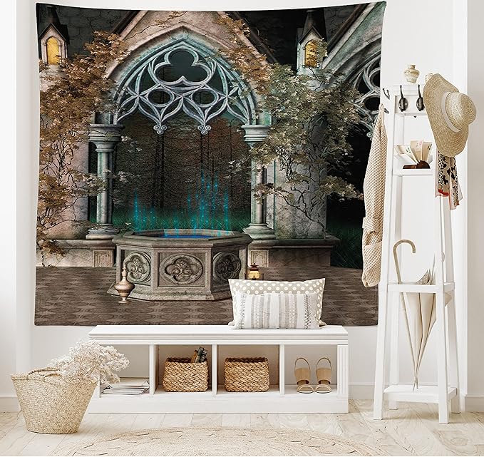 Ambesonne Gothic Tapestry, Patio with Enchanted Wishing Well Ivy on Antique Gateway to Forest, Wide Wall Hanging for Bedroom Living Room Dorm, 80" X 60", Taupe Green
