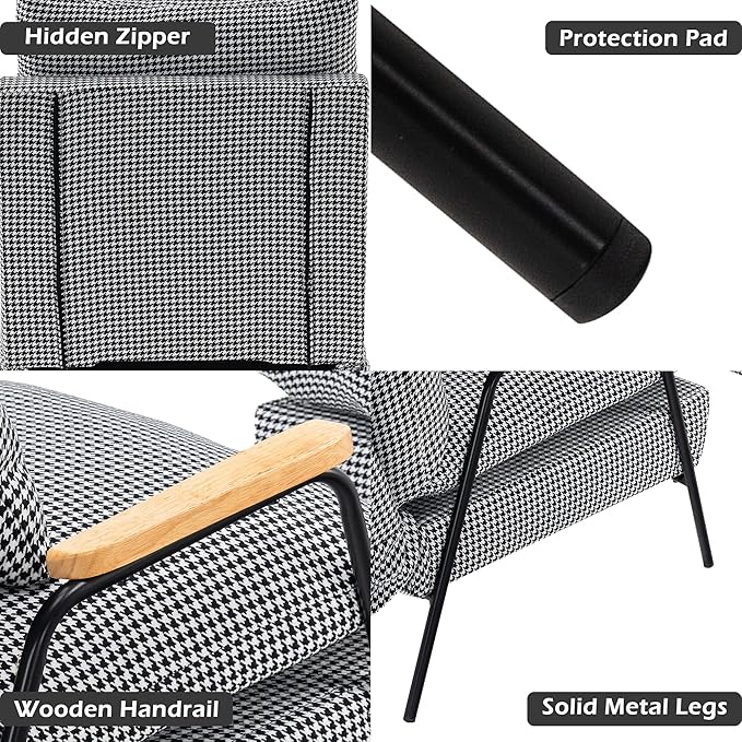 MCombo Accent Recliner Chair with Ottoman, Modern Fabric Armchair, Upholstered Sofa Bed for Living Room Bedroom, Small Space 4055 (Black Frame, Houndstooth)