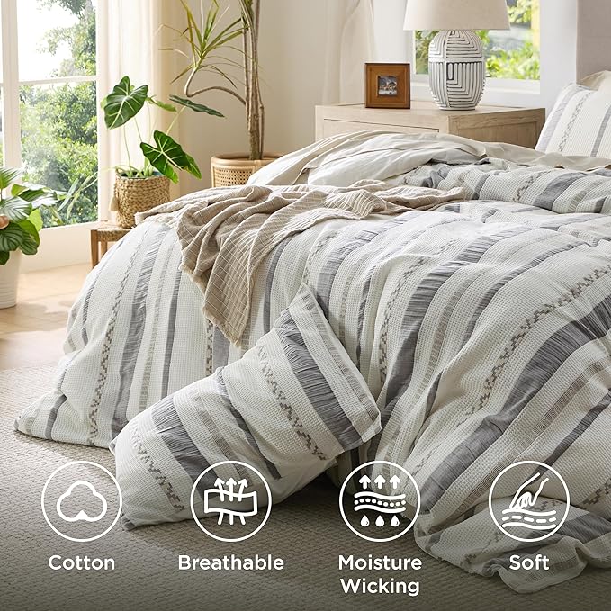 Bedsure Waffle Weave Duvet Cover Queen - 100% Cotton Boho Duvet Cover Set with 2 Pillowcases - Extra Soft Cream White Textured Comforter Cover with Zipper Closure (Queen, 90"x90")