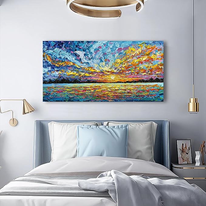 Art 30x60 Inch Hand-Painted Sea Sunrise Landscape Modern Abstract Oil Painting Large Canvas Art Hall Bedroom Office Wall Decoration