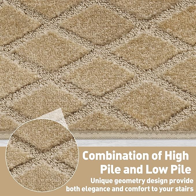 PURE ERA Bullnose Carpet Stair Treads Set Tape Free Non-Slip Indoor Stair Protectors Pet Friendly Rugs 9.5" x 30"(7 Pieces,Khaki Diamond Trellis)
