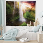 Ambesonne Waterfall Tapestry Queen Size, Waterfalls at Sunset Sky in Iceland Scenic Spring Rural Wildlife Art Image, Wall Hanging Bedspread Bed Cover Wall Decor, 88" X 88", Green Orange