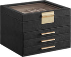 SONGMICS GISELLA Collection - Jewelry Box Organizer, 4-Layer Jewelry Storage with 3 Drawers, Shiny Metal Hardware, Glass Lid, Modern, 8 x 9.1 x 6.5 Inches, Ink Black and Gold Color UJBC173B01