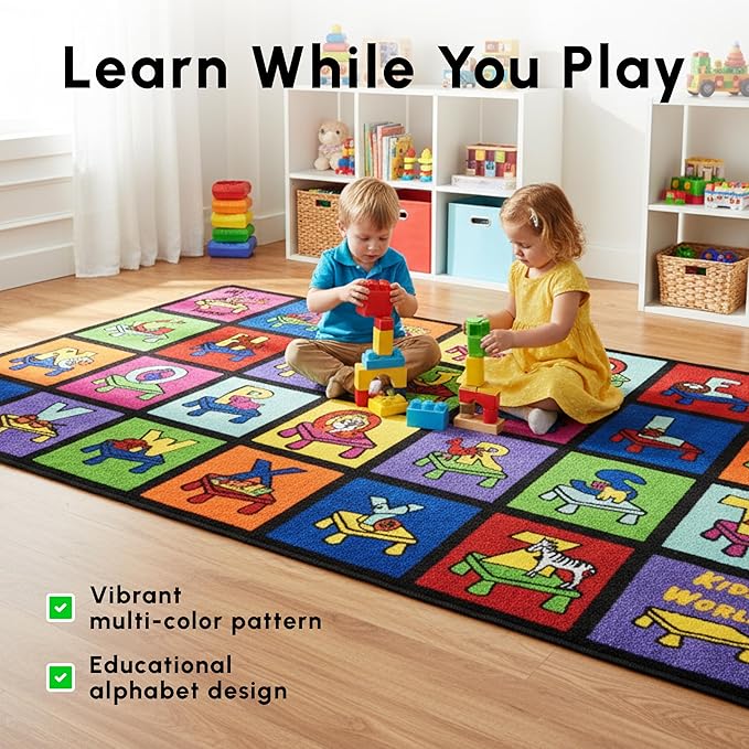 SAFECASTLE Kids Carpet Kritters Alphabet Rug 5'4" x 7'8"– Colorful Oval Educational Area Rug with Letters, Numbers & Insects, Learning Carpet for Toddlers, Preschool, Classroom, Daycare & Playroom
