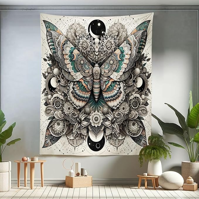 Ambesonne Mandala Tapestry Twin Size, Medieval Esotery Inspired Oriental Moth with Floral Details Witchcore, Wall Hanging Bedspread Bed Cover Wall Decor, 68" X 88", Grey Yellow Green Sepia