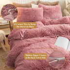 XeGe Plush Shaggy Duvet Cover Set, Luxury Ultra Soft Velvet Fluffy Bedding Sets 3 Pieces(1 Furry Faux Fur Dusty Pink Comforter Cover + 2 Fuzzy Faux Fur Pillowcases), Zipper Closure(Queen, Old Pink)