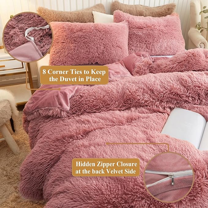 XeGe Plush Shaggy Duvet Cover Set, Luxury Ultra Soft Velvet Fluffy Bedding Sets 3 Pieces(1 Furry Faux Fur Dusty Pink Comforter Cover + 2 Fuzzy Faux Fur Pillowcases), Zipper Closure(Queen, Old Pink)