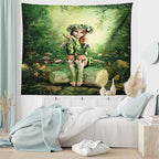 Ambesonne Tale Tapestry King Size, Computer Art Elf Girl Wreath Her Head Sitting on a Tree Stump, Wall Hanging Bedspread Bed Cover Wall Decor, 104" X 88", Green Beige Pink