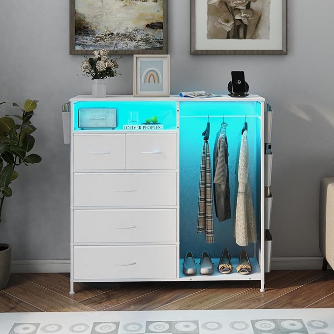 Dresser for Bedroom with Clothes Rack Side Pockets White 5 Drawers Dresser with Charging Station LED Lights Sturdy Steel Frame Wood Top Organizer Unit for Nursery Hallway Closet