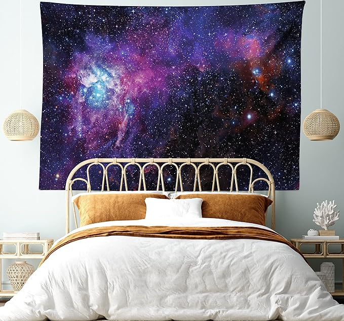 Ambesonne Galaxy Tapestry, Starry Night Nebula Cloud Celestial Theme Image Space Art Elements Print, Wide Wall Hanging for Bedroom Living Room Dorm, 60" X 40", Black Purple Blue