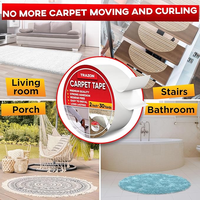 Trazon Carpet Tape Double Sided - Rug Tape Grippers for Hardwood Floors and Area Rugs - Carpet Binding Tape Strong Adhesive and Removable, Heavy Duty Stickers Tape, Residue Free (2 Inch / 30 Yards)