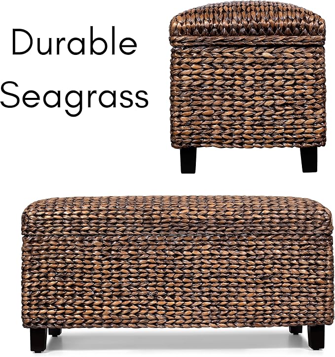BIRDROCK HOME Abaca Storage Bench – Hand-Woven Wicker Entryway Bench w/Lift-Top Hidden Storage, Solid Wood Frame - Brown Wash