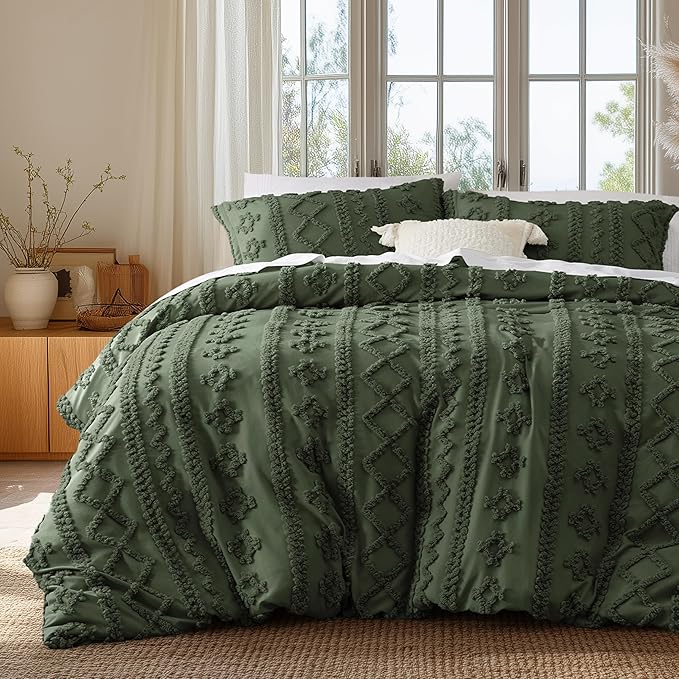 Bedsure Boho Twin Duvet Cover, Soft & Comfortable Elegant Design Boho Bedding for Decoration, Machine Washable Comforter Cover for All Seasons,Includes 1 Duvet Cover & 1 Pillow Sham,Olive Green